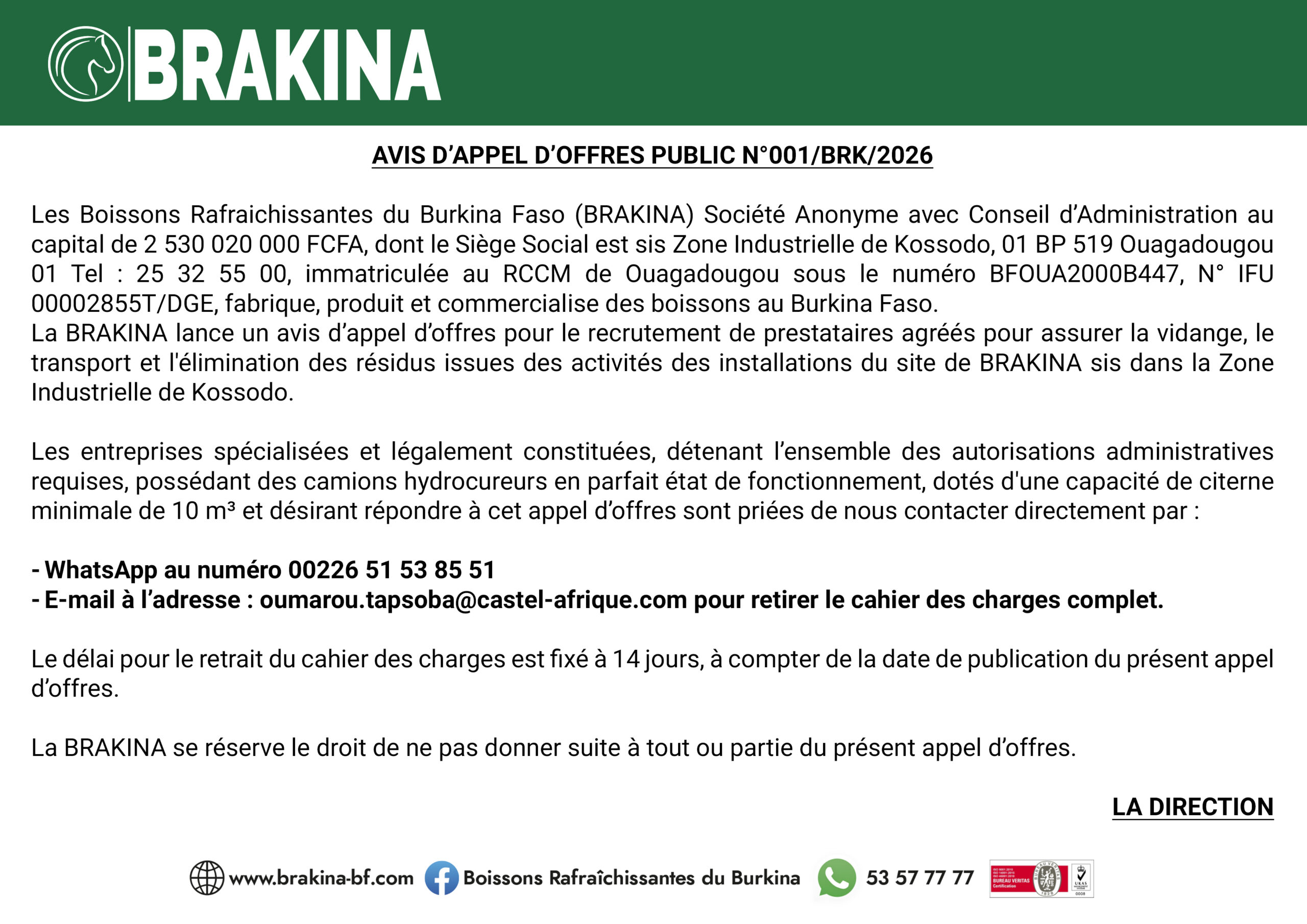 BRAKINA: Annonce pour recrutement de  prestataire spécialisé
